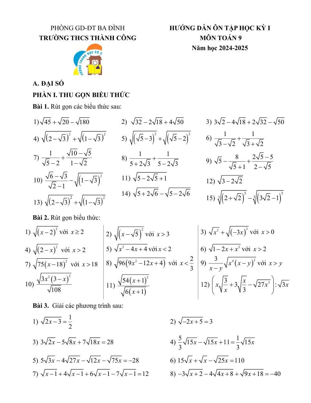 Xem trước trang 1 của "Đề cương ôn tập Học kỳ 1 - Toán 9 - Trường THCS Thành Công - Hà Nội (Năm học 2024-2025)"