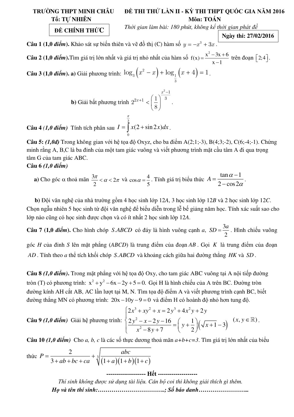 Xem trước trang 1 của "Đề thi thử Quốc gia 2016 - Môn Toán - Trường Minh Châu - Hưng Yên - Lần 2"