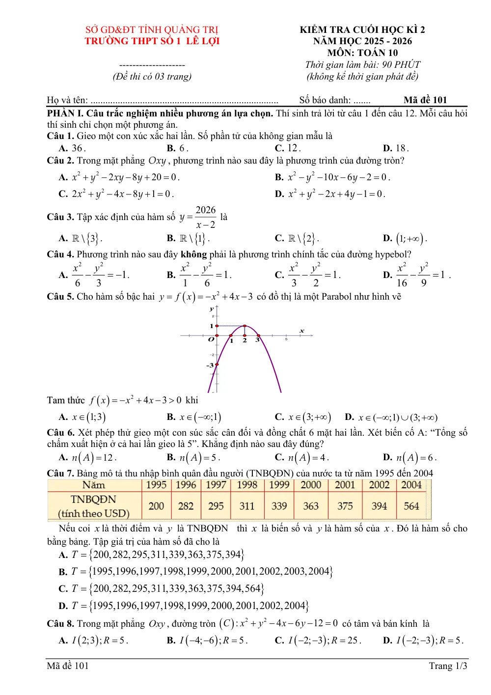 Xem trước trang 1 của "Đề kiểm tra cuối học kỳ 2 Toán 10 - Trường THPT Số 1 Lê Lợi - Năm học 2025-2026 - Quảng Trị"