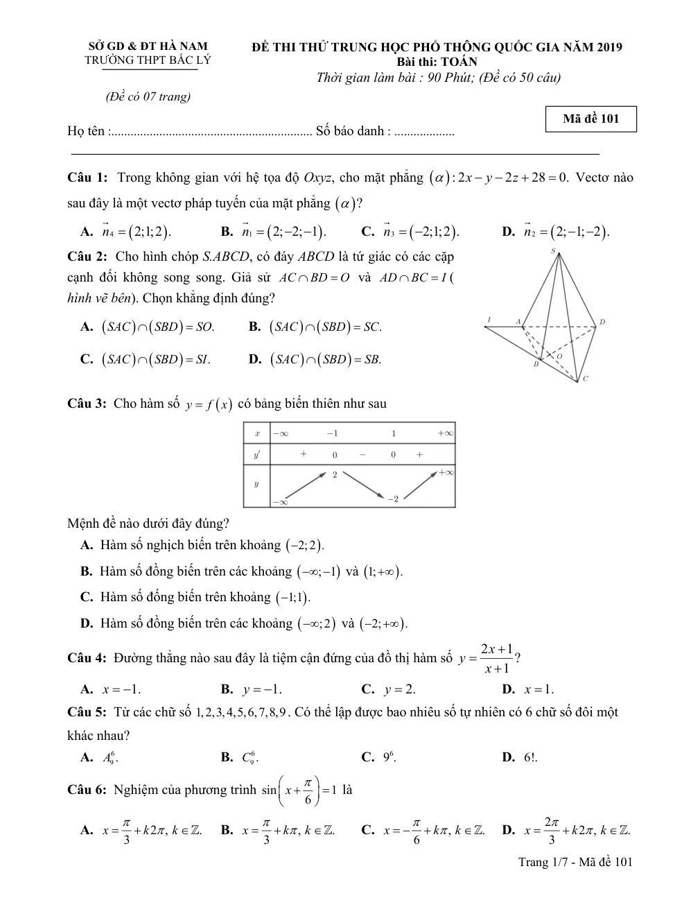 Xem trước trang 1 của "Đề Thi Thử THPT Quốc Gia 2019 - Môn Toán - Trường THPT Bắc Lý - Hà Nam"