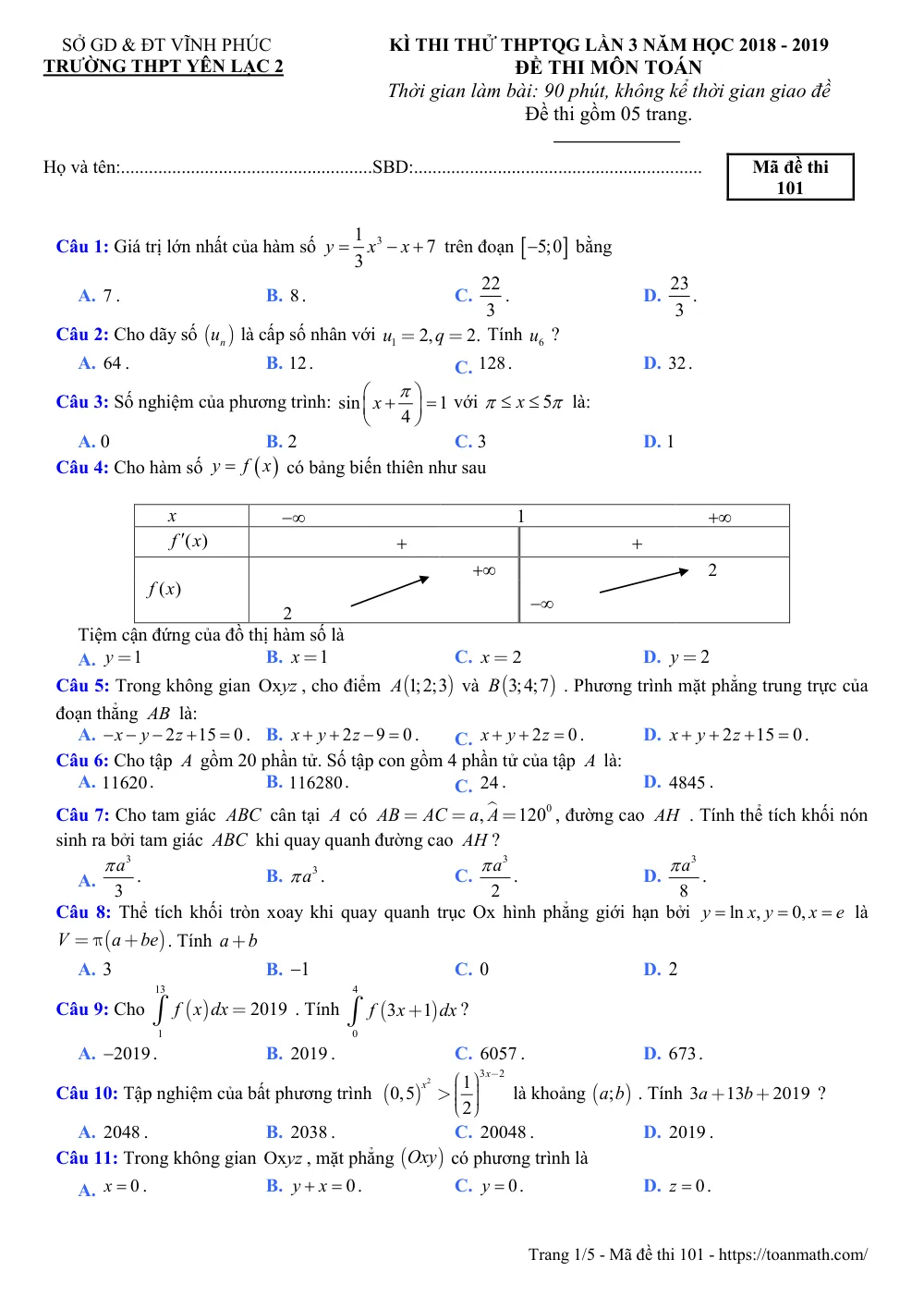 Xem trước trang 1 của "Đề Thi Thử THPTQG 2019 Lần 3 - Trường THPT Yên Lạc 2 - Môn Toán - Lớp 12 - Vĩnh Phúc"