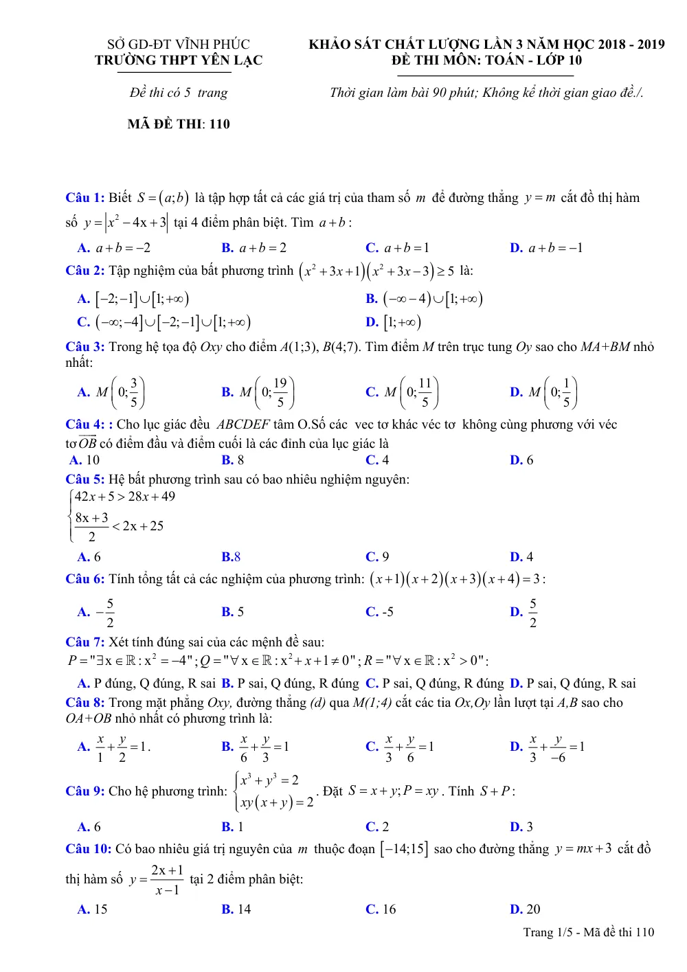Xem trước trang 1 của "Khảo Sát Chất Lượng Lần 3 - Toán 10 - Năm học 2018-2019 - Trường THPT Yên Lạc - Vĩnh Phúc"