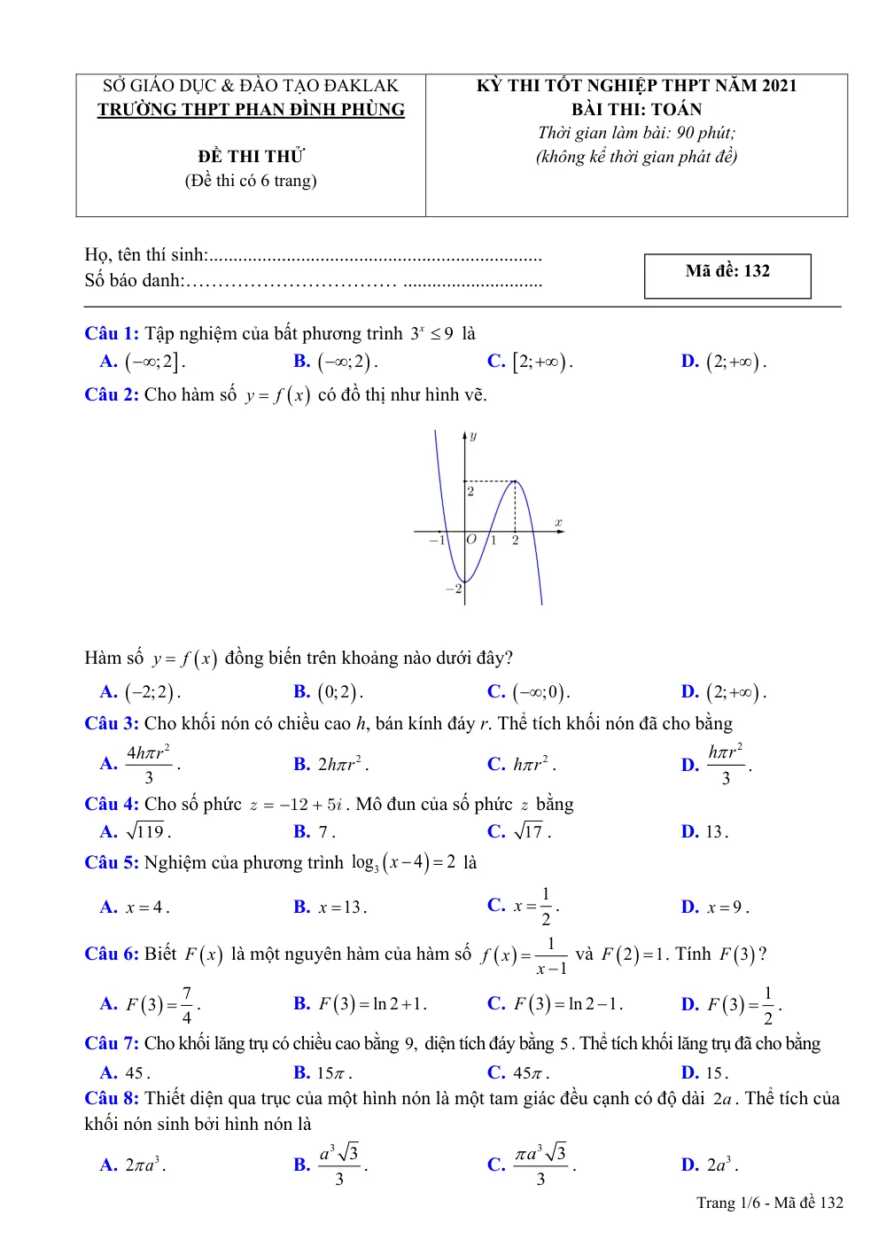 Xem trước trang 1 của "Đề thi thử Tốt nghiệp THPT 2021 môn Toán - Trường THPT Phan Đình Phùng - Đắk Lắk"