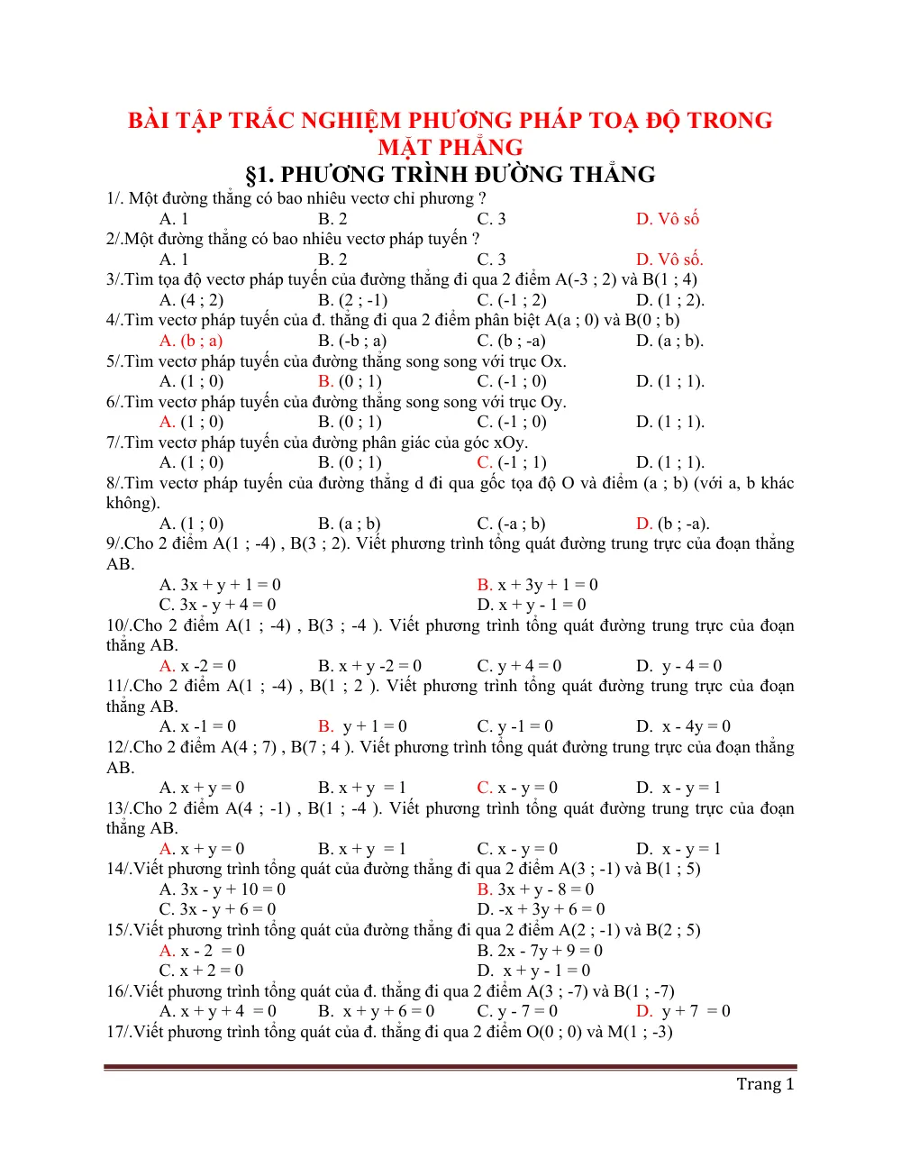 Xem trước trang 1 của "Bài tập trắc nghiệm Hình học 10 - Phương pháp tọa độ trong mặt phẳng - Chương 3: Phương trình đường thẳng"