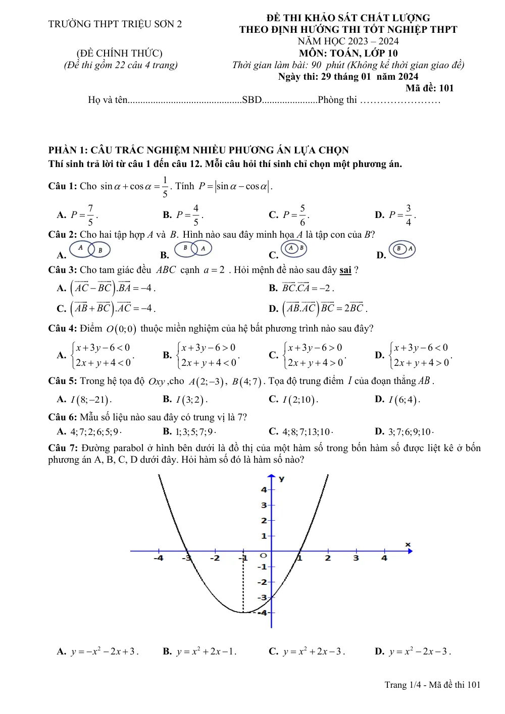 Xem trước trang 1 của "Đề Khảo Sát Chất Lượng Toán 10 - Trường THPT Triệu Sơn 2 - Năm học 2023-2024 - Thanh Hóa"