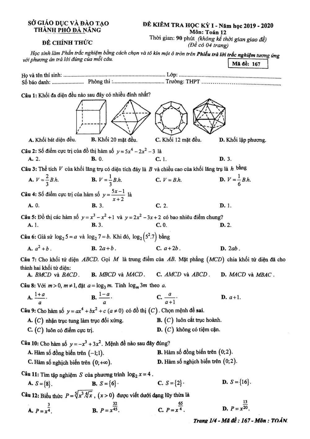 Xem trước trang 1 của "Đề thi học kỳ 1 Toán 12 - Năm học 2019-2020 - Sở GDĐT Đà Nẵng"