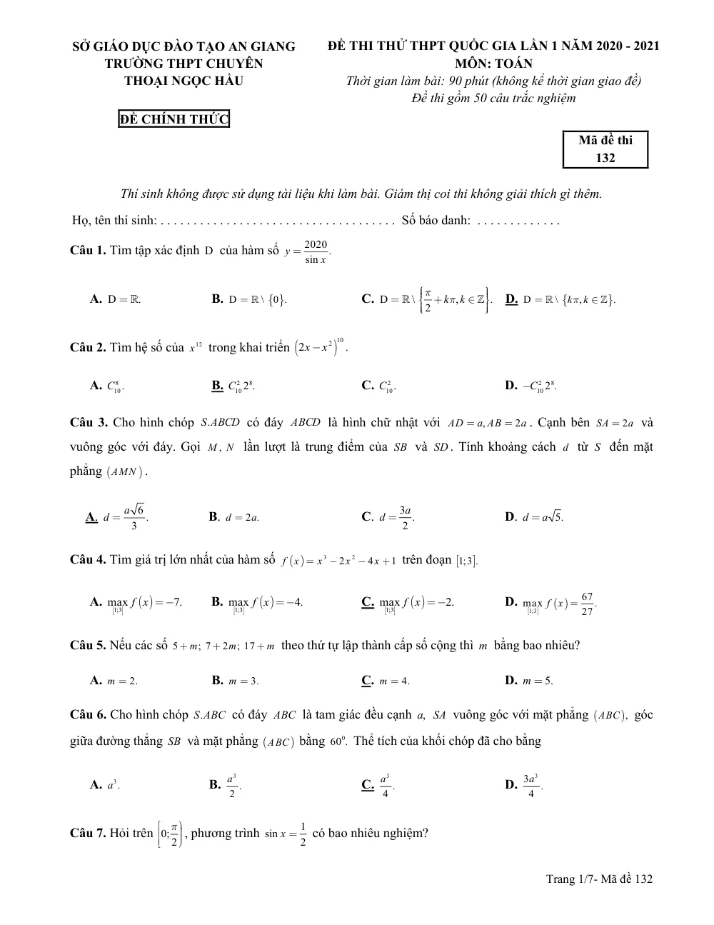 Xem trước trang 1 của "Đề Thi Thử THPT Quốc Gia 2021 - Môn Toán Lần 1 - Trường THPT Chuyên Thoại Ngọc Hầu - An Giang"