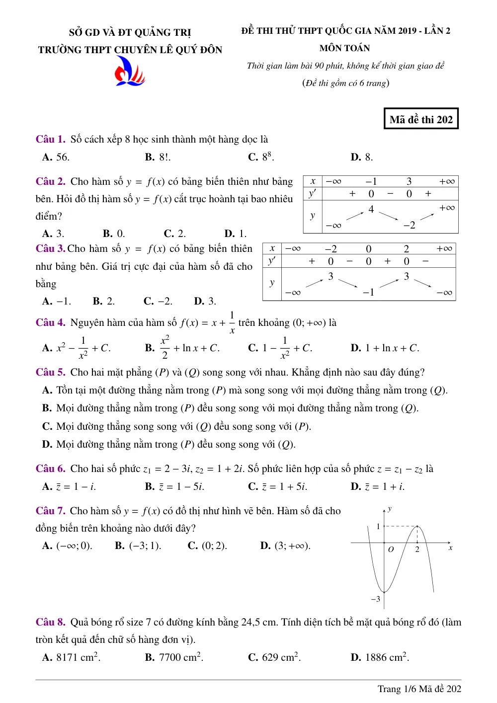 Xem trước trang 1 của "Đề Thi Thử Toán THPT Quốc Gia 2019 Lần 2 - Trường Chuyên Lê Quý Đôn - Quảng Trị"
