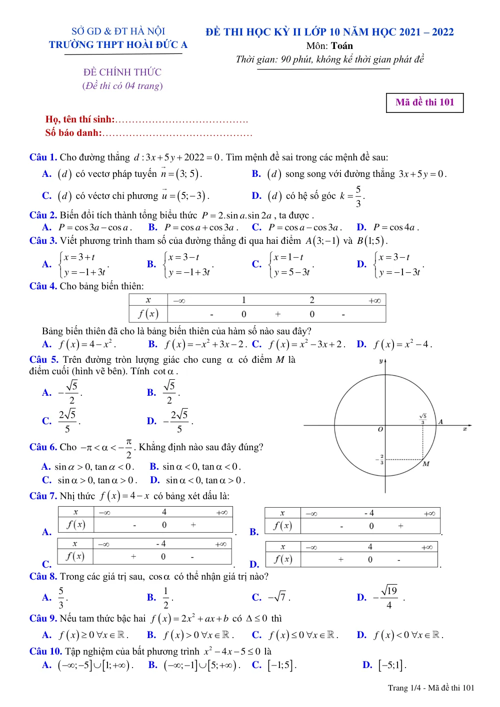 Xem trước trang 1 của "Đề thi học kỳ 2 Toán lớp 10 năm học 2021-2022 - Trường THPT Hoài Đức A - Hà Nội"