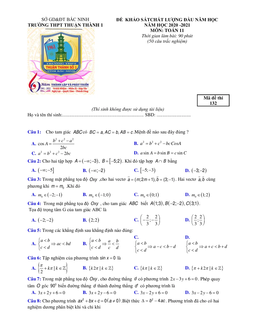 Xem trước trang 1 của "Đề Khảo Sát Chất Lượng Đầu Năm Học 2020-2021 - Trường THPT Thuận Thành 1 - Toán 11 - Bắc Ninh"