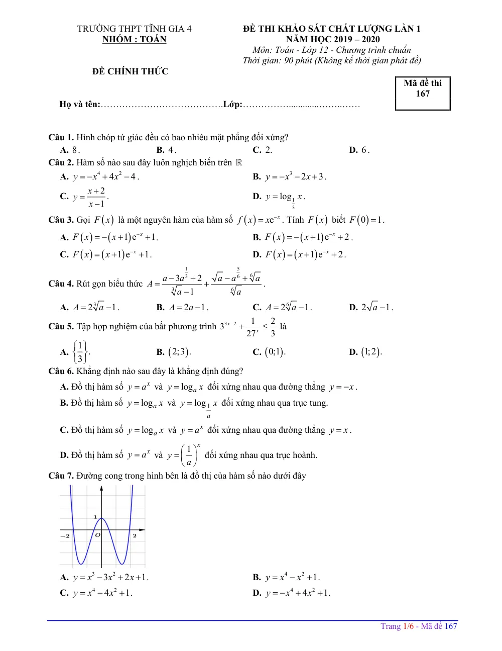 Xem trước trang 1 của "Đề Khảo Sát Chất Lượng Lần 1 - Toán 12 - Năm học 2019-2020 - Trường THPT Tĩnh Gia 4 - Thanh Hóa"