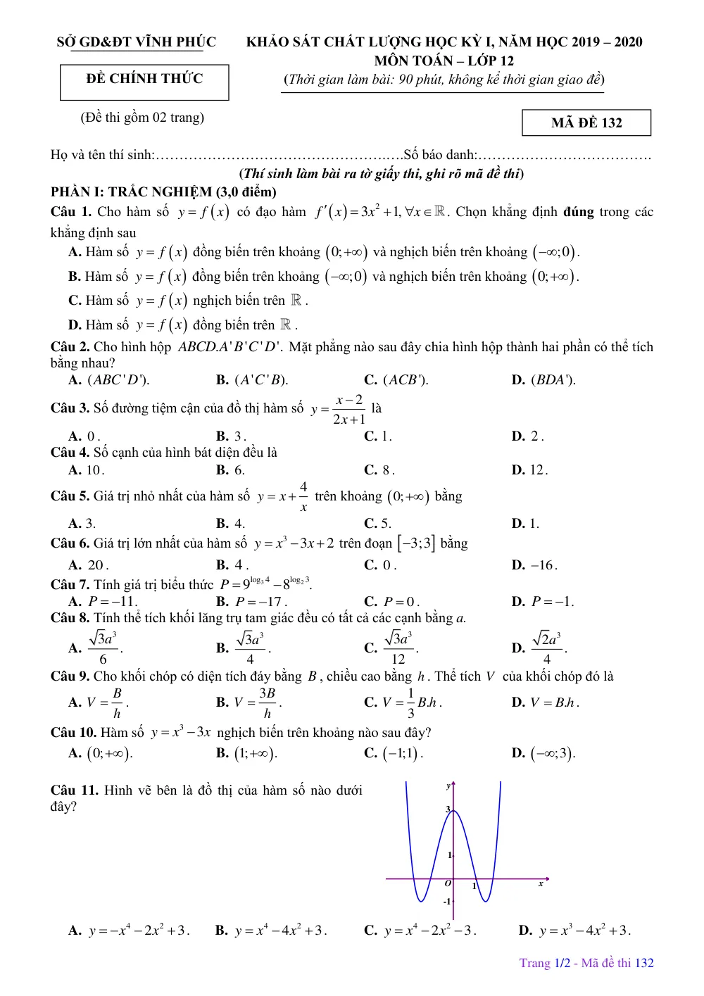 Xem trước trang 1 của "Đề Khảo Sát Chất Lượng Học Kỳ 1 Toán 12 Năm Học 2019-2020 - Sở GD&ĐT Vĩnh Phúc"