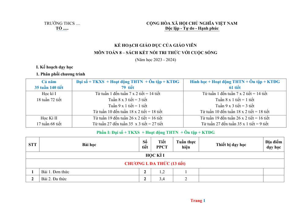 Xem trước trang 1 của "Kế hoạch Giáo dục Môn Toán 8 - Sách Kết Nối Tri Thức Với Cuộc Sống (Năm học 2023-2024)"