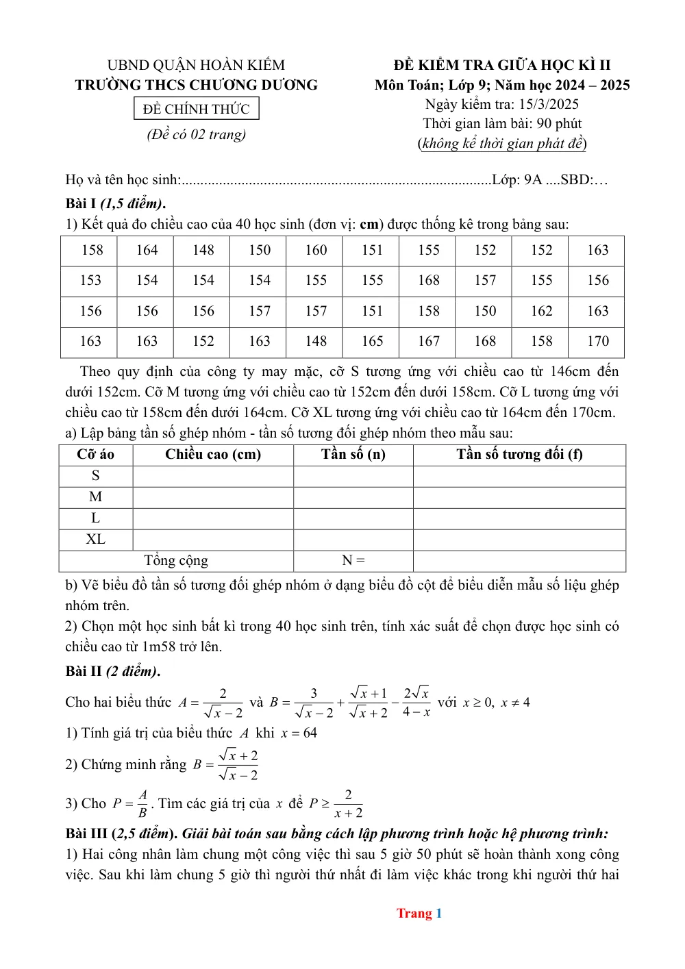 Xem trước trang 1 của "Đề Kiểm Tra Giữa Học Kỳ II - Toán 9 - Trường THCS Chương Dương - Năm học 2024-2025"
