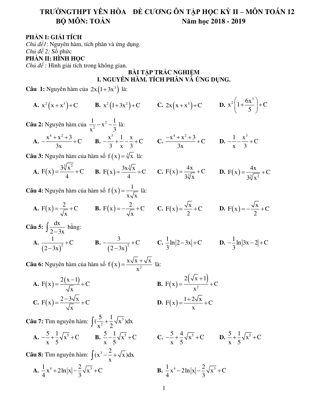 Xem trước trang 1 của "Đề Cương Ôn Tập HK2 Toán 12 - Trường THPT Yên Hòa - Năm học 2018-2019"