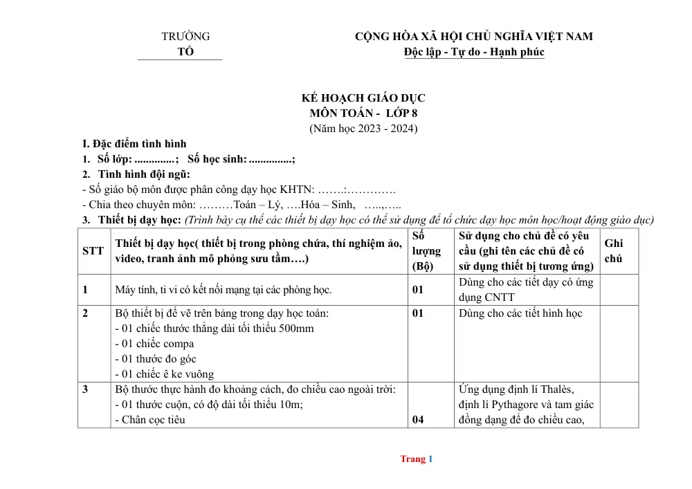 Xem trước trang 1 của "Kế hoạch Giáo dục Môn Toán Lớp 8 - Năm học 2023 - 2024"