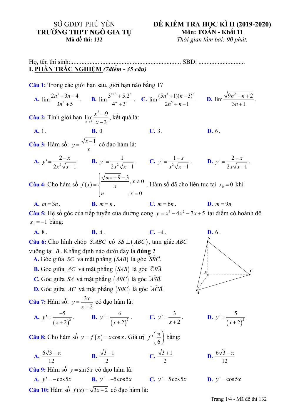 Xem trước trang 1 của "Đề Kiểm Tra Học Kỳ II Toán 11 - Năm 2019-2020 - Trường THPT Ngô Gia Tự - Phú Yên"