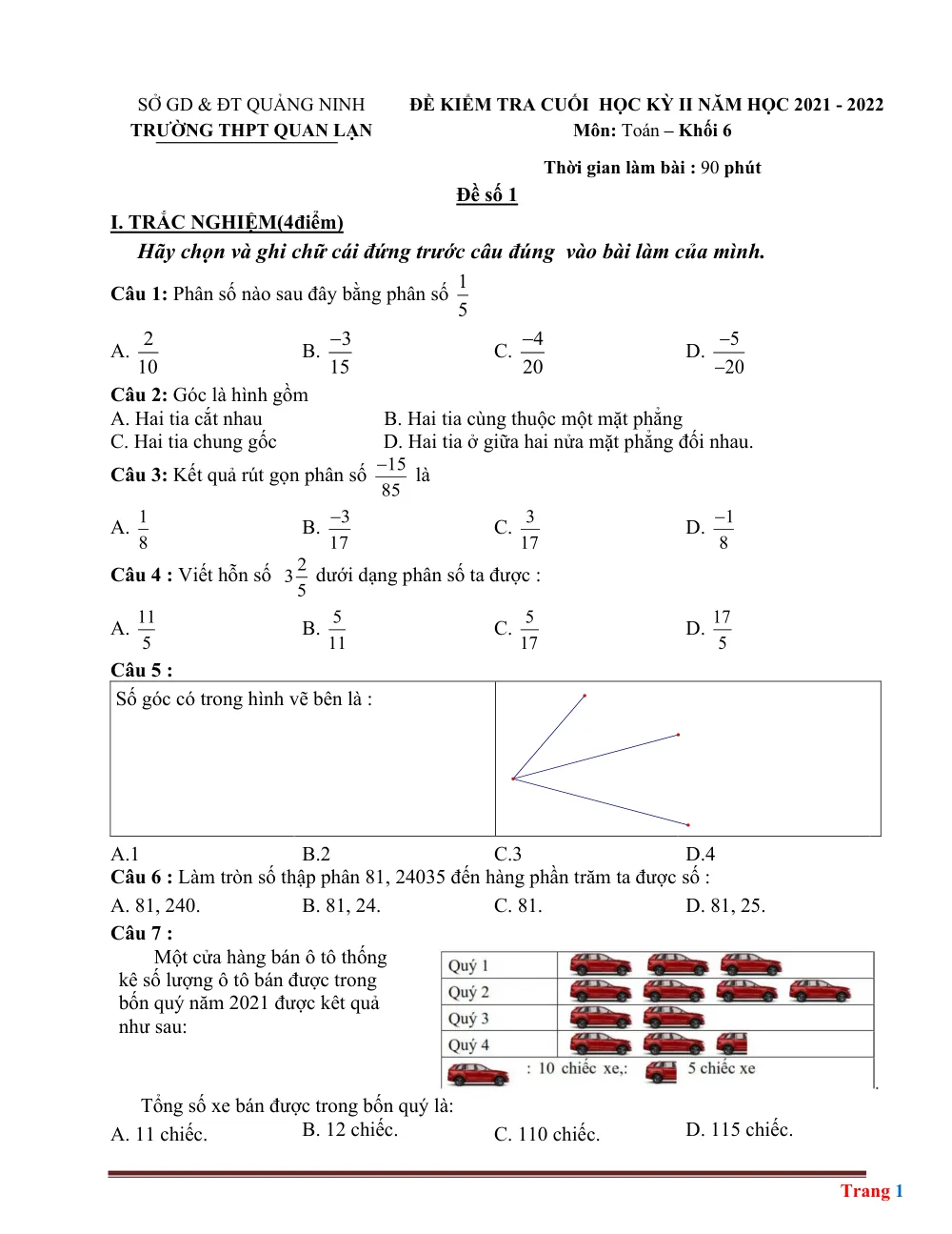 Xem trước trang 1 của "Đề Kiểm Tra Cuối Học Kỳ II - Toán 6 - Trường THPT Quan Lạn - Năm học 2021-2022 (Có Đáp Án) - Quảng Ninh"