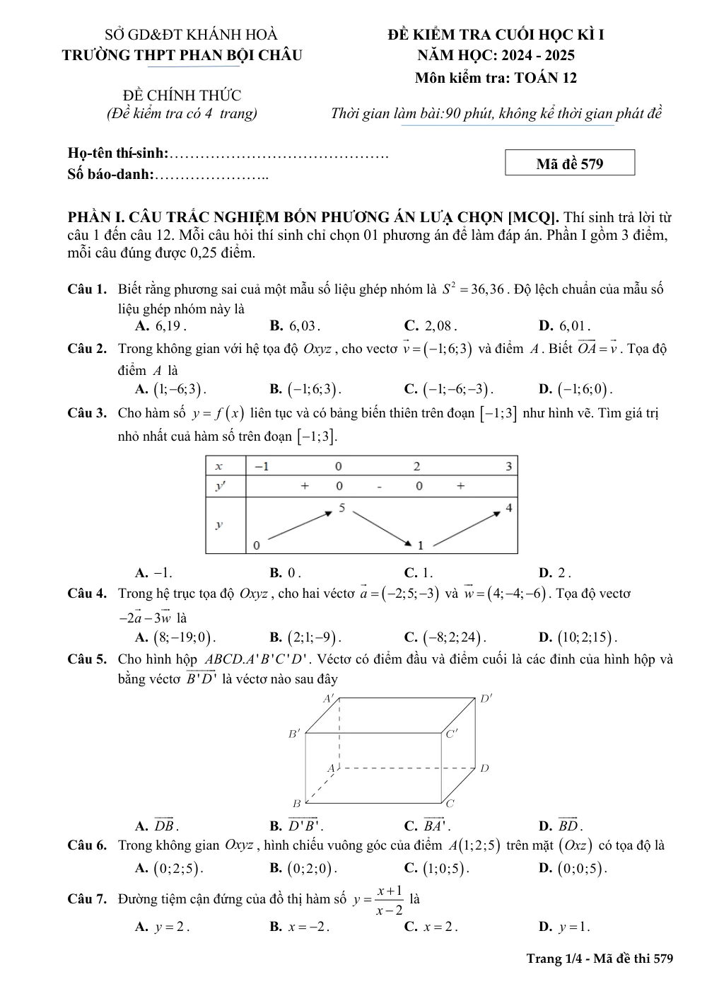 Xem trước trang 1 của "Đề Kiểm Tra Cuối Học Kỳ I - Toán 12 - Năm học 2024-2025 - Trường THPT Phan Bội Châu - Khánh Hòa"