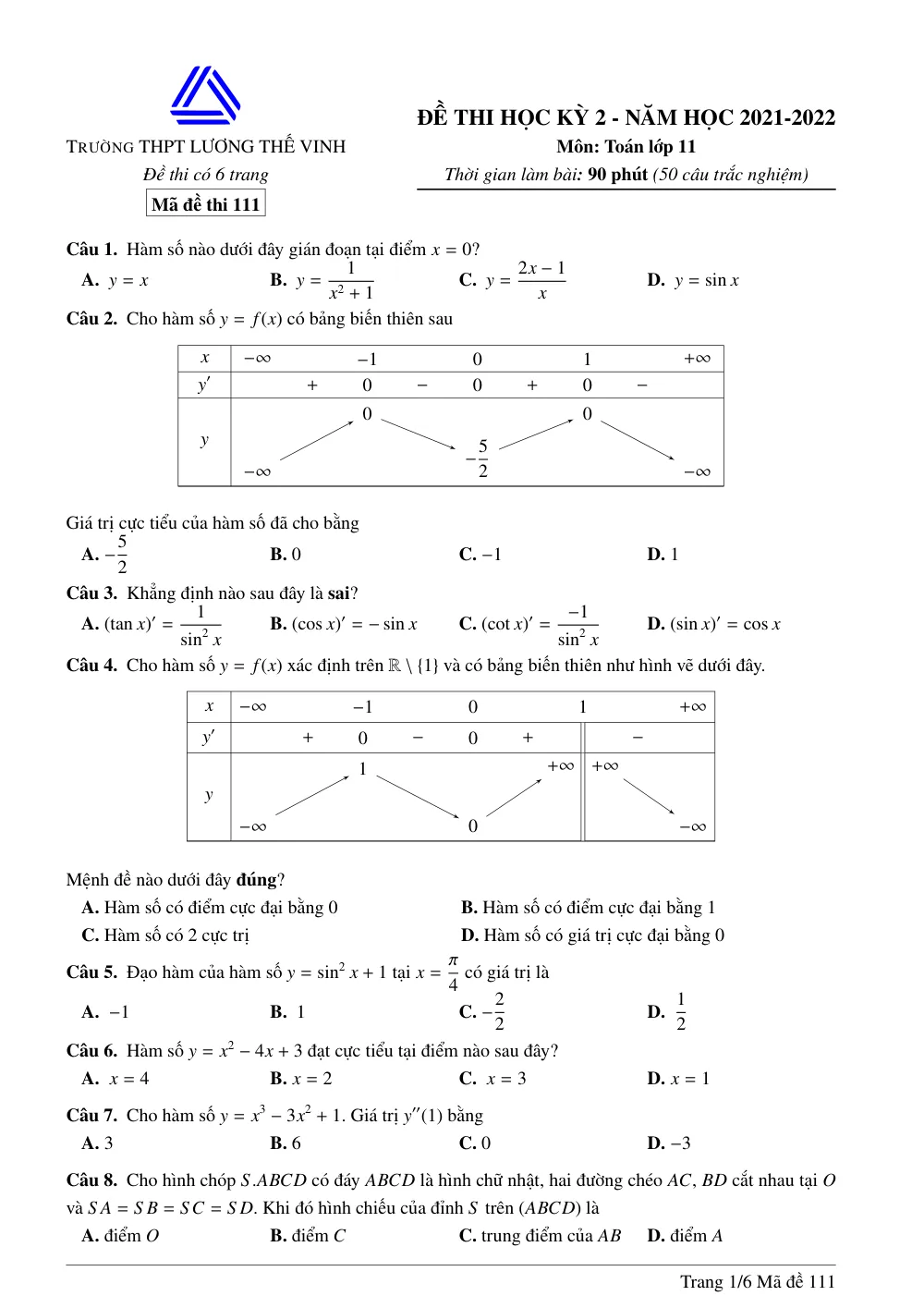 Xem trước trang 1 của "Đề Thi Học Kỳ 2 Toán 11 - Trường Lương Thế Vinh, Hà Nội (Năm học 2021-2022)"