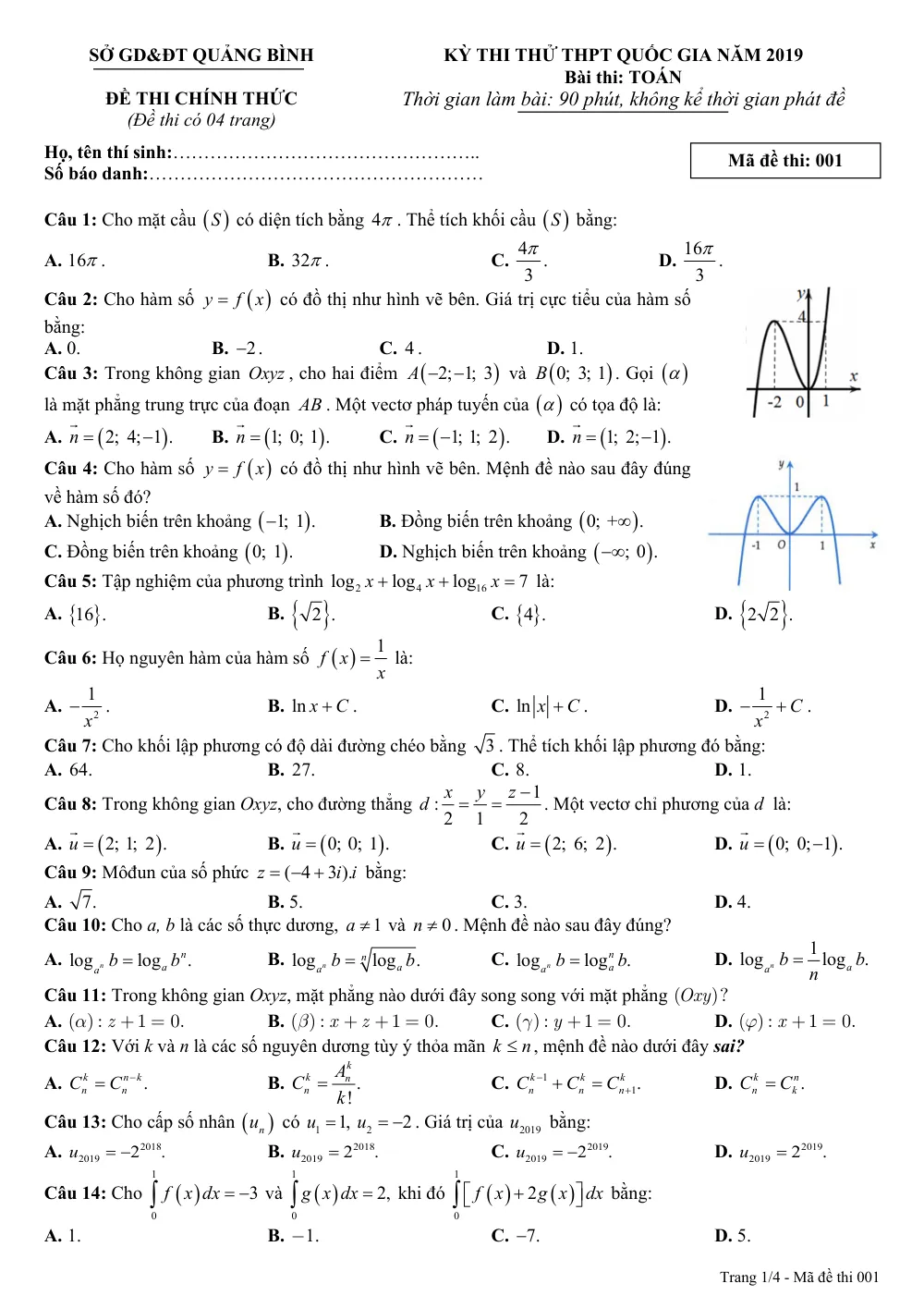 Xem trước trang 1 của "Đề thi thử THPT Quốc gia 2019 môn Toán - Sở GD&ĐT Quảng Bình"