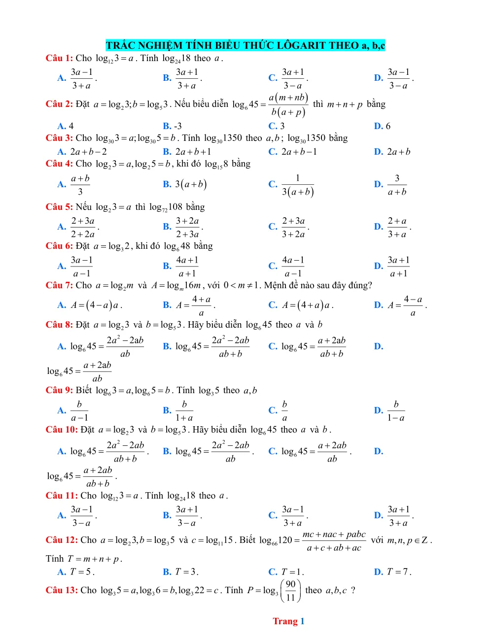 Xem trước trang 1 của "Trắc nghiệm Bài 19: Tính theo biểu thức logarit"