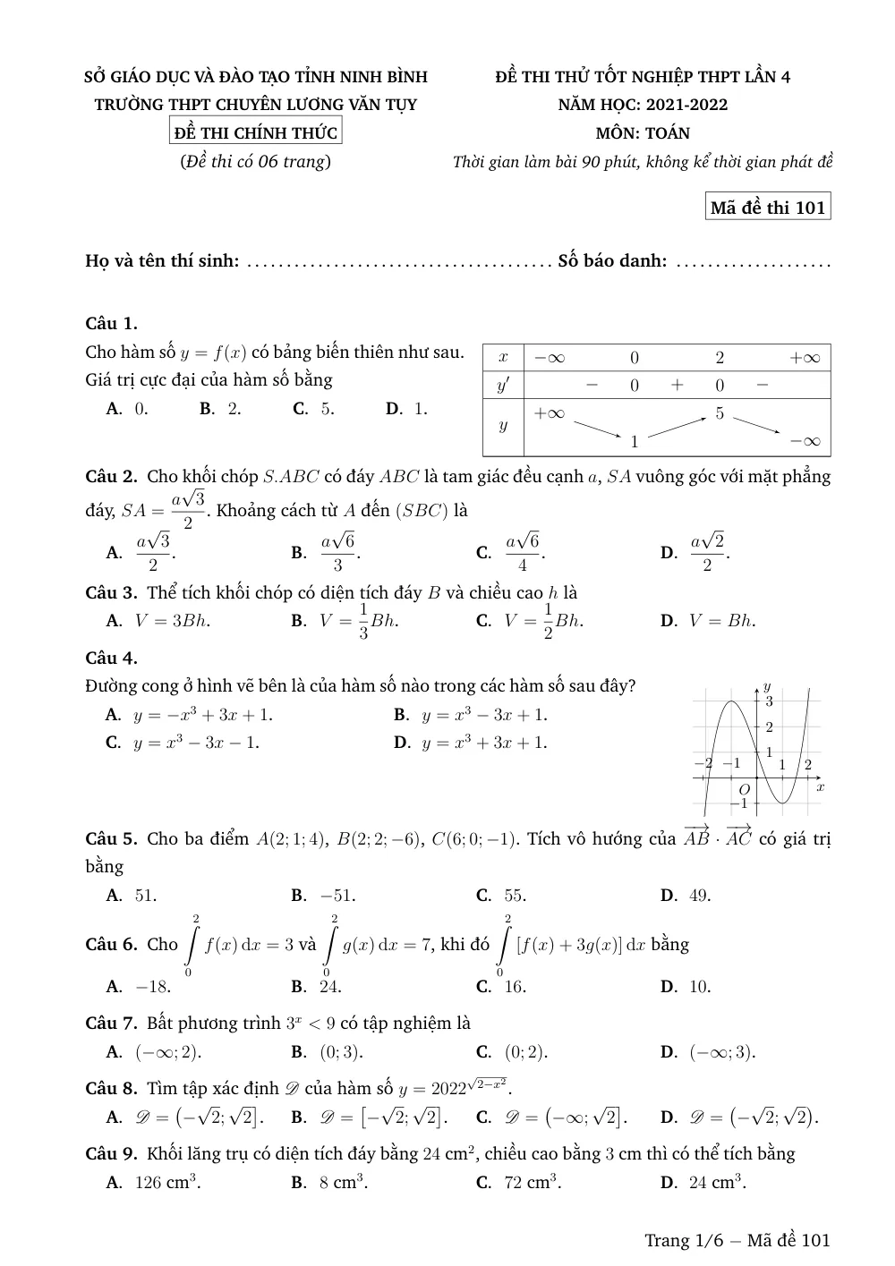Xem trước trang 1 của "Đề thi thử Toán TN THPT Lần 4 - Trường THPT Chuyên Lương Văn Tụy - Năm học 2021-2022 - Ninh Bình"