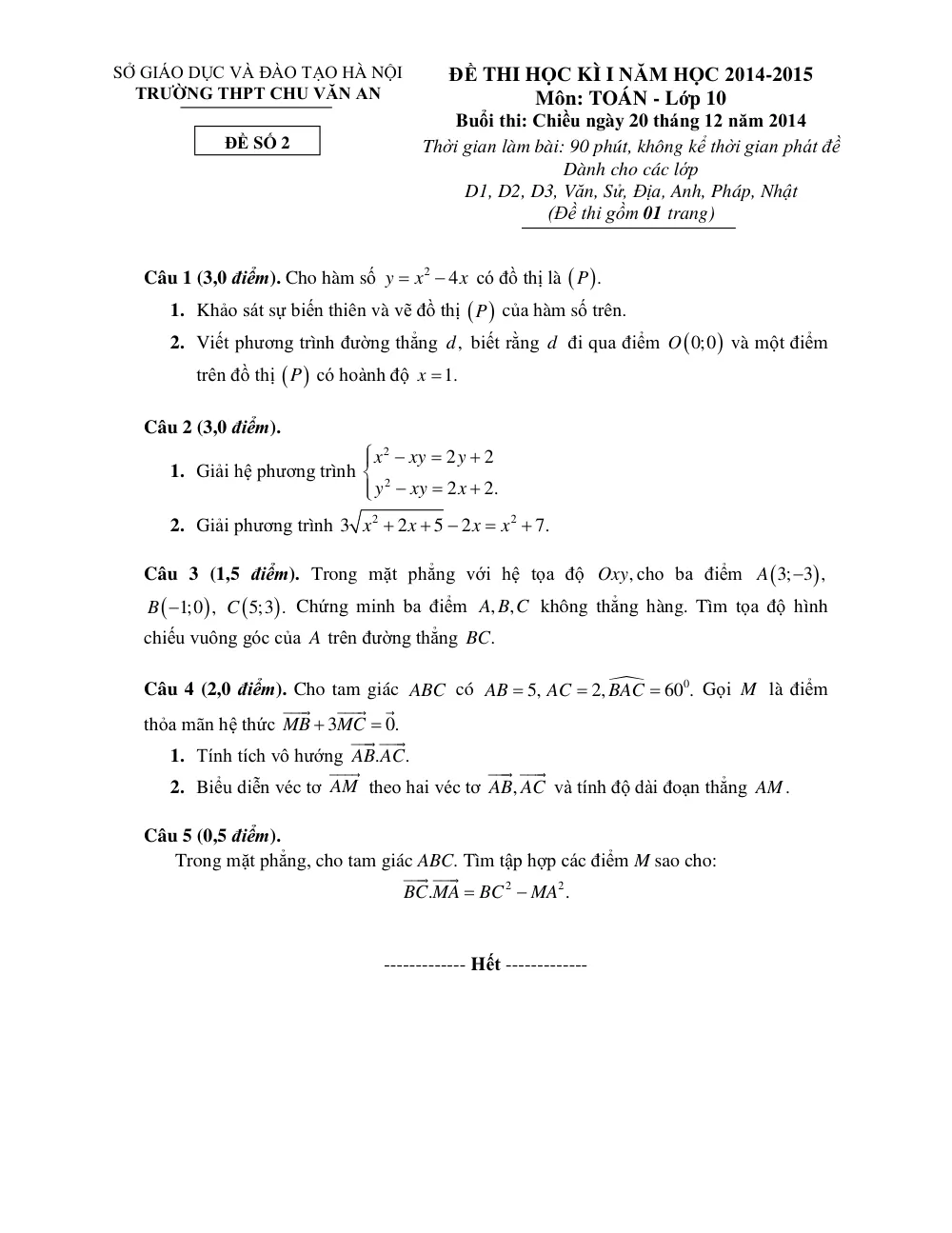 Xem trước trang 1 của "Đề thi Học kỳ 1 lớp 10 - Trường THPT Chu Văn An - Hà Nội (2014-2015)"