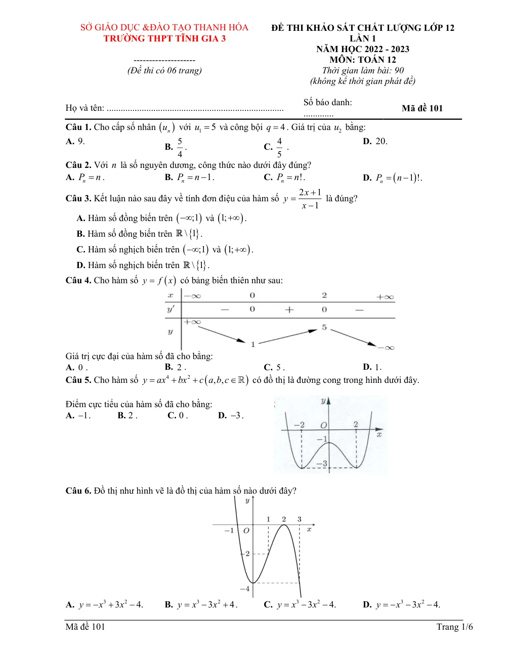 Xem trước trang 1 của "Đề Khảo Sát Lớp 12 - Thi THPT Lần 1 Năm 2023 - Trường THPT Tĩnh Gia 3 - Thanh Hóa"