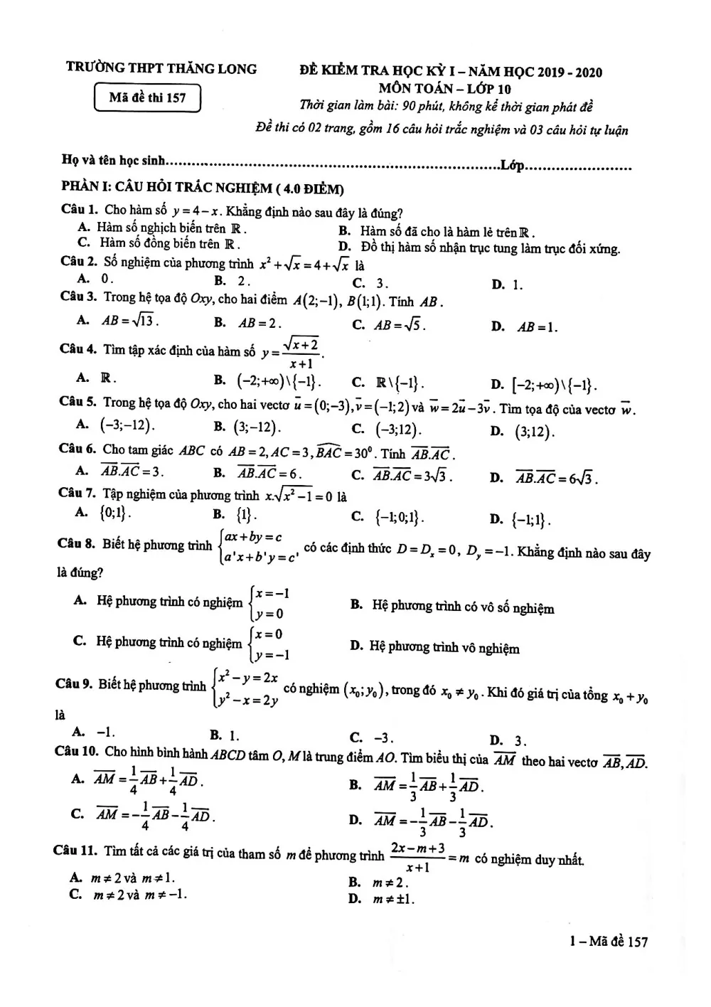 Xem trước trang 1 của "Đề Thi Học Kỳ 1 Toán 10 - Trường THPT Thăng Long - Hà Nội (2019-2020)"