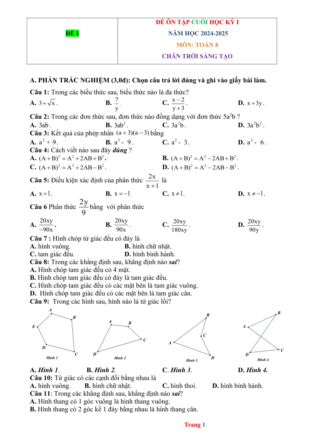 Xem trước trang 1 của "Đề Ôn Tập Cuối Học Kỳ I - Toán 8 - Chân Trời Sáng Tạo - Năm học 2024-2025"