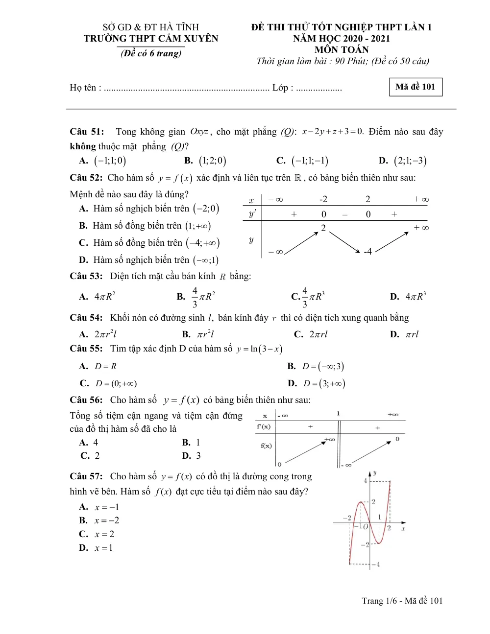 Xem trước trang 1 của "Đề Thi Thử Tốt Nghiệp THPT 2021 Lần 1 - Trường THPT Cẩm Xuyên - Môn Toán - Hà Tĩnh"