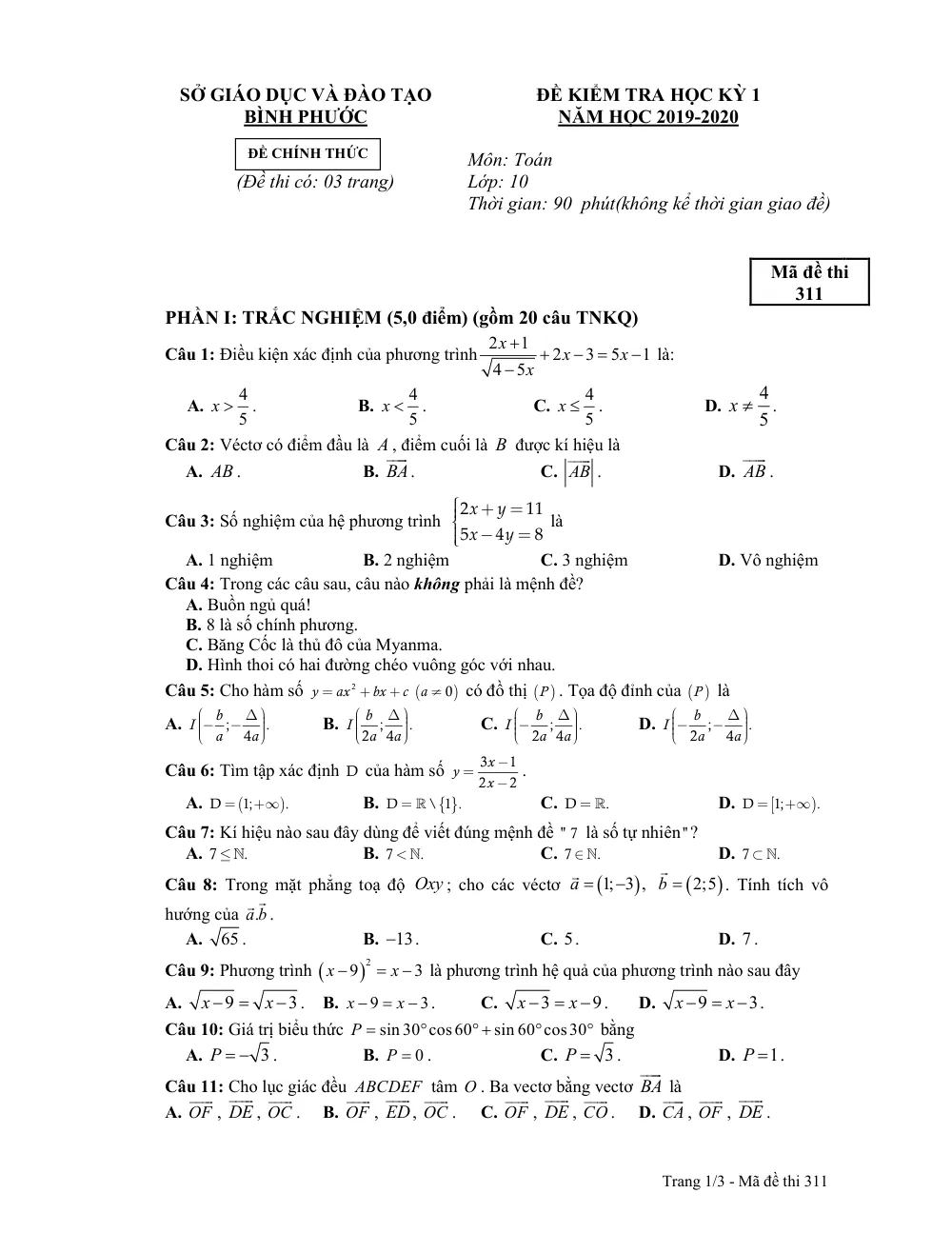 Xem trước trang 1 của "Đề Kiểm Tra Học Kỳ 1 Toán 10 - Năm học 2019-2020 - Bình Phước"