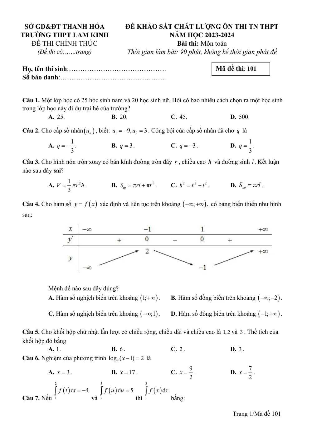 Xem trước trang 1 của "Đề Khảo Sát Chất Lượng Ôn Thi TN THPT 2024 - Môn Toán - Trường THPT Lam Kinh - Thanh Hóa"
