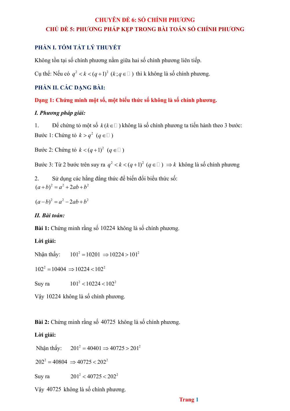 Xem trước trang 1 của "Chuyên đề 6: Số chính phương - Chủ đề 5: Phương pháp kẹp trong bài toán số chính phương"