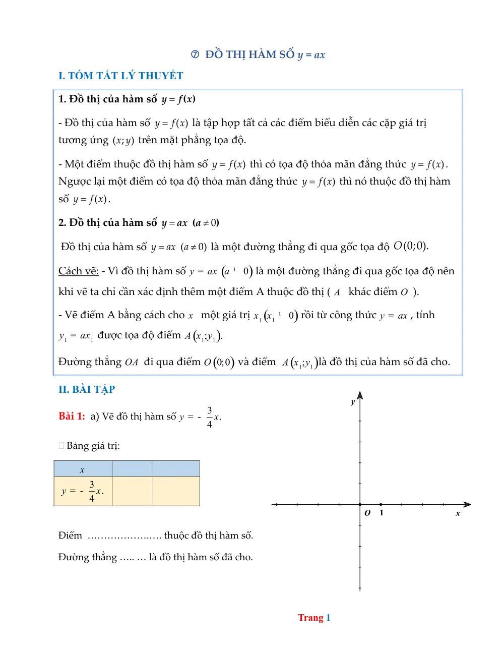 Xem trước trang 1 của "Bài tập Toán Lớp 7 - Đồ thị hàm số y = ax"