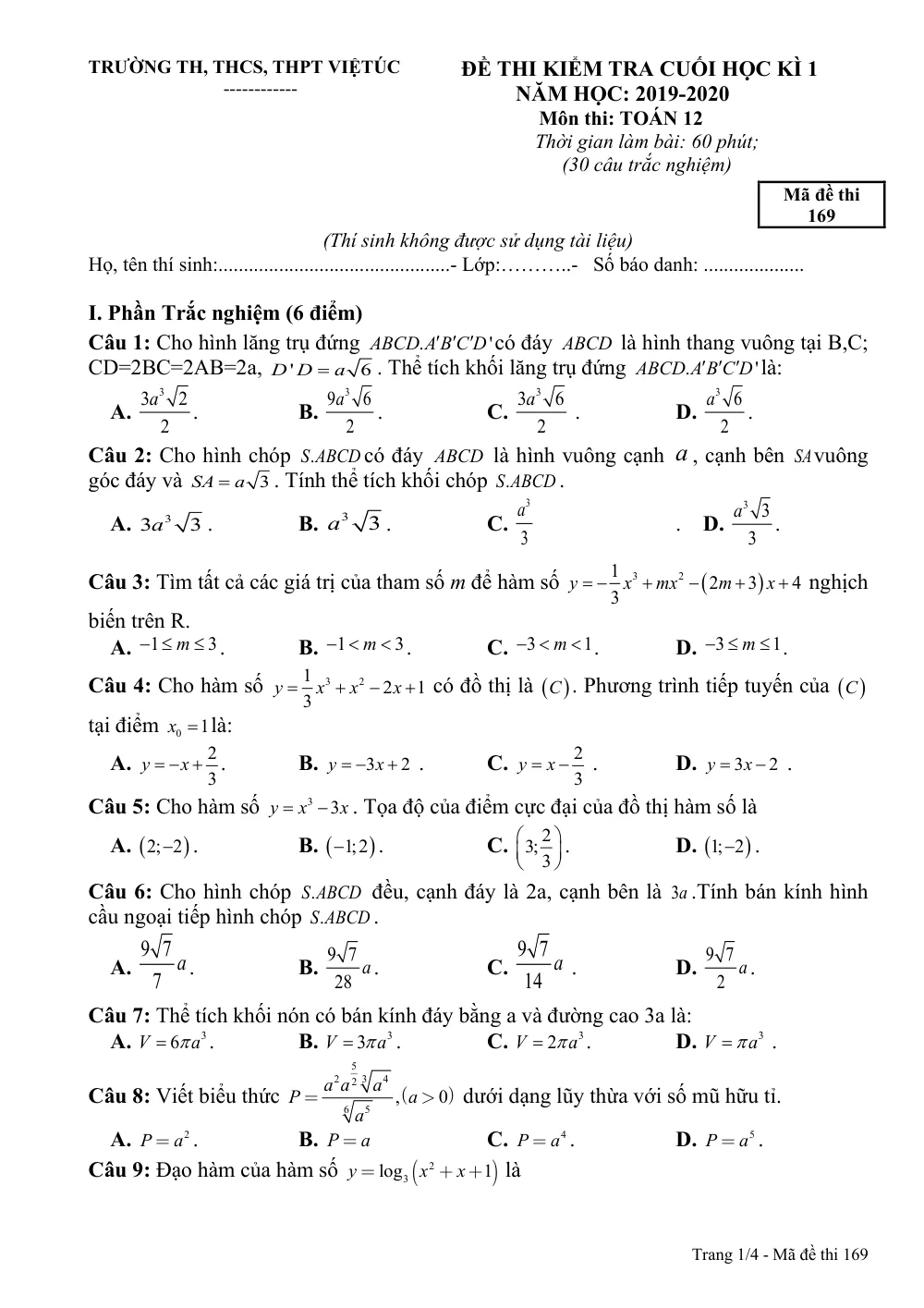Xem trước trang 1 của "Đề Thi Kiểm Tra Cuối Học Kỳ 1 Toán 12 - Năm Học 2019-2020 - Trường Việt Úc - TP. Hồ Chí Minh"