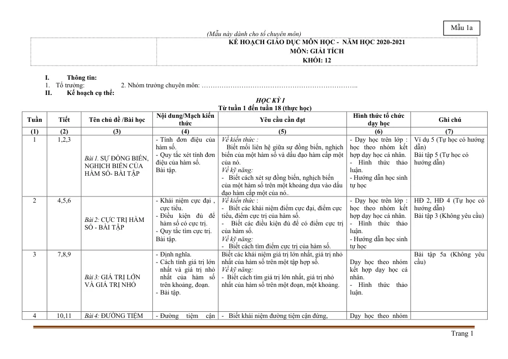 Xem trước trang 1 của "Kế hoạch Giáo dục Môn Toán 12 - Năm học 2020-2021"