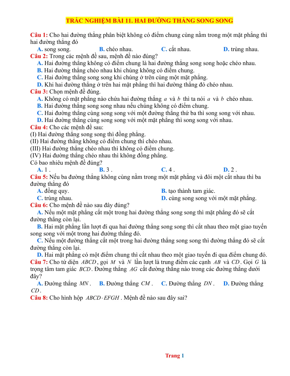 Xem trước trang 1 của "Trắc nghiệm Bài 11: Hai đường thẳng song song - Hải Dương"