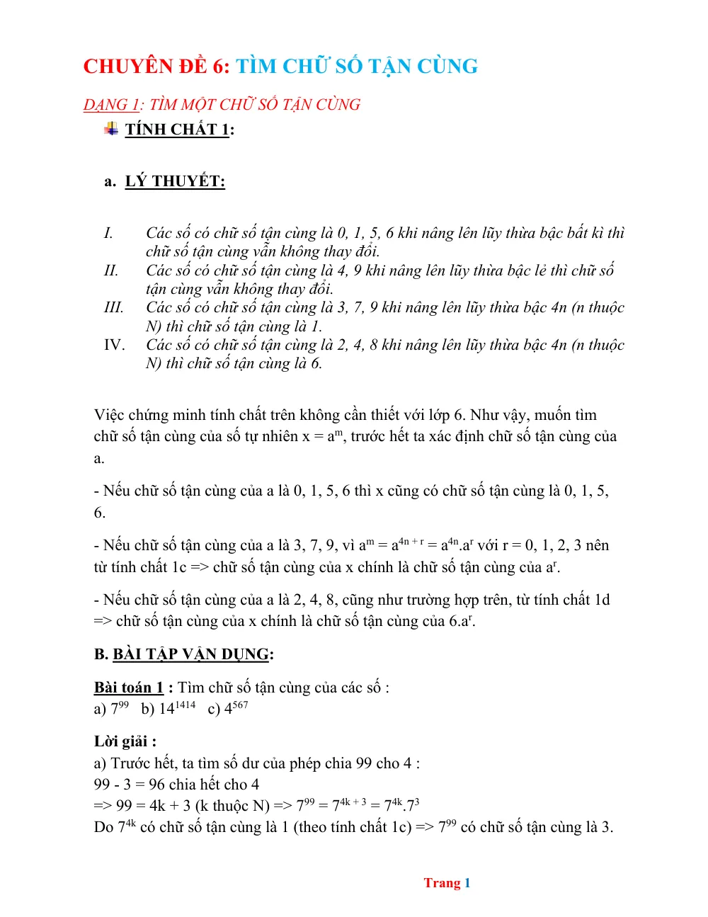 Xem trước trang 1 của "Chuyên Đề 6: Tìm Chữ Số Tận Cùng - Toán 6"