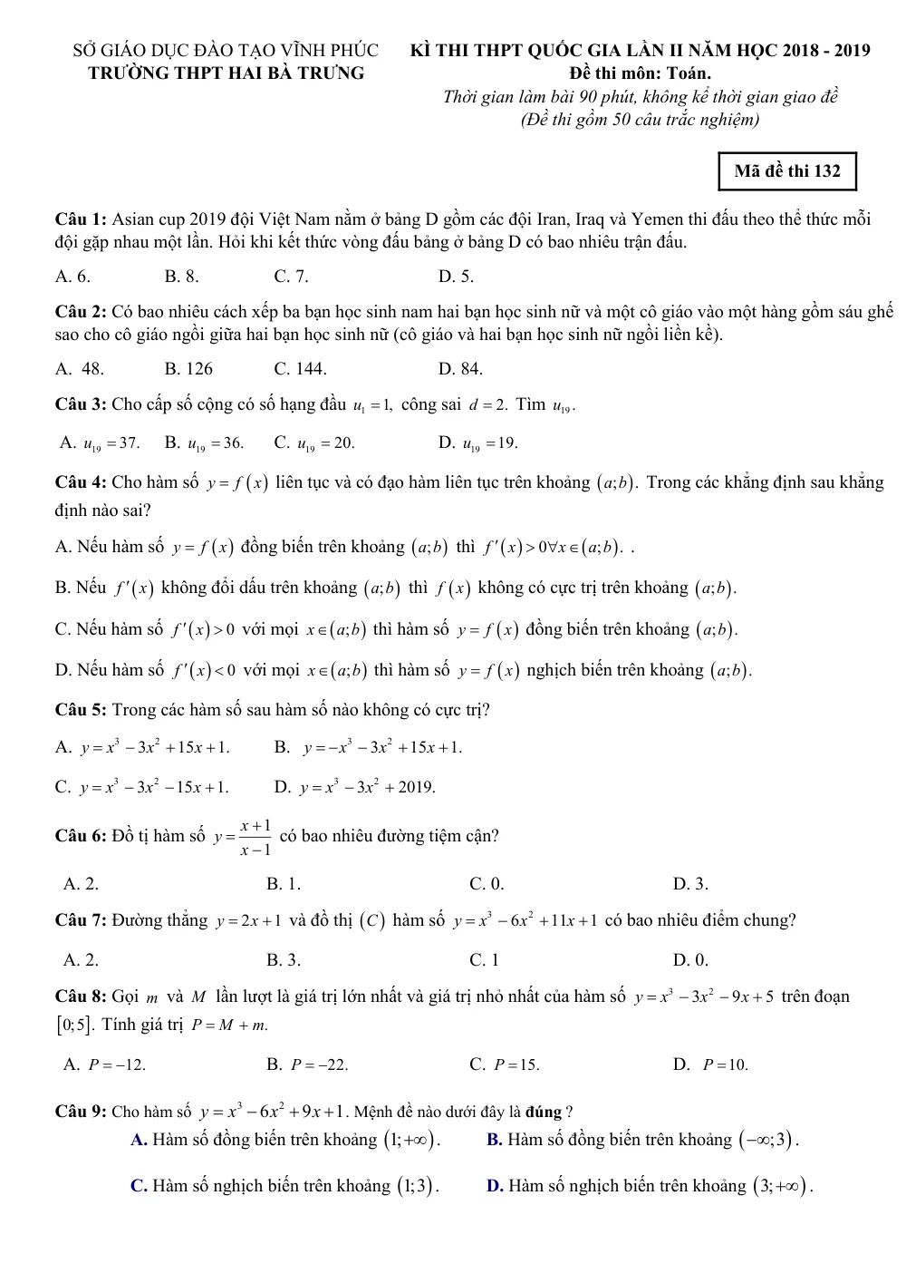 Xem trước trang 1 của "Đề thi thử Toán THPT Quốc gia 2019 Lần 2 - Trường THPT Hai Bà Trưng - Vĩnh Phúc"