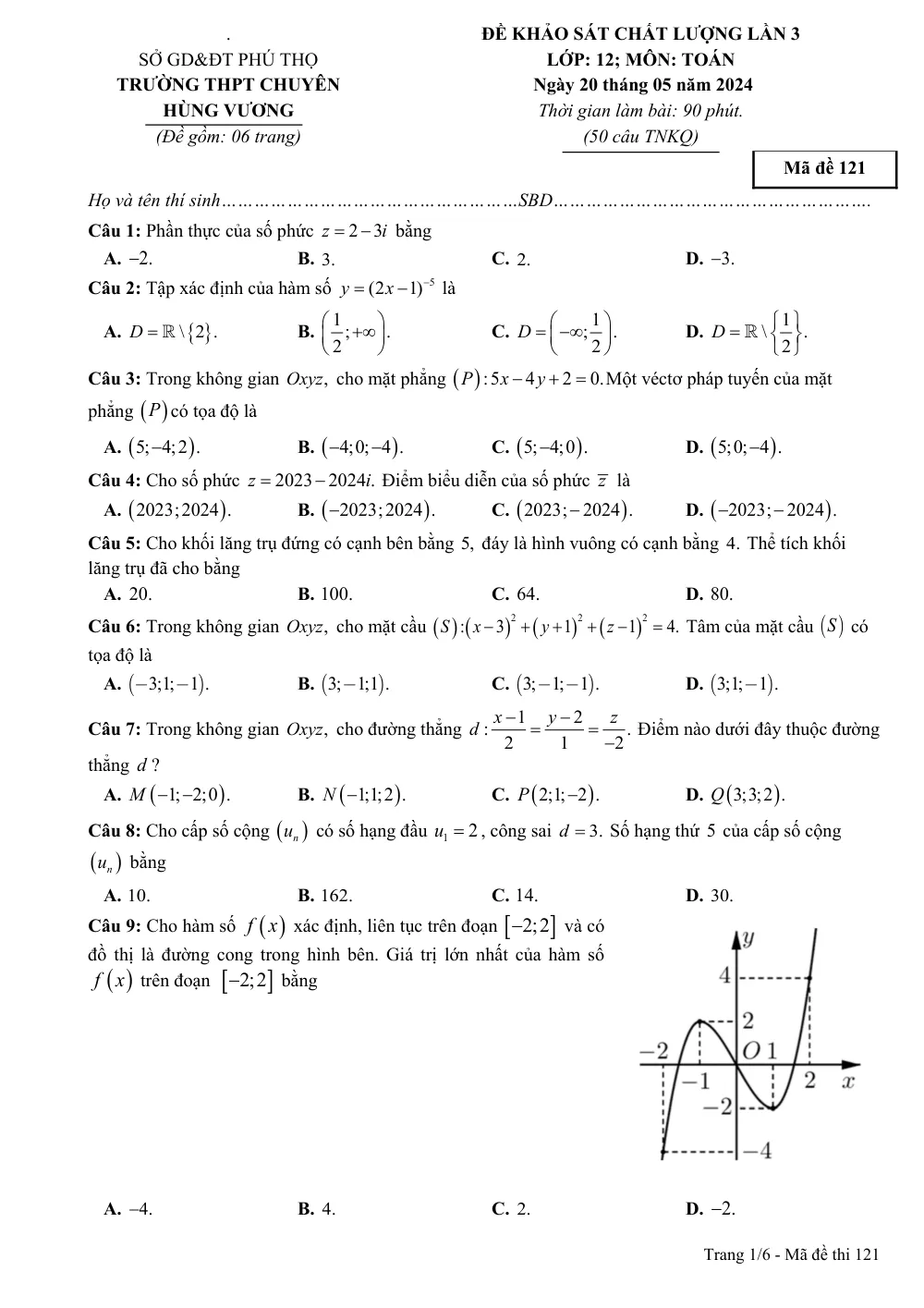 Xem trước trang 1 của "Đề Khảo Sát Chất Lượng Lần 3 - Toán 12 - Năm 2024 - Trường THPT Chuyên Hùng Vương - Sở GD&ĐT Phú Thọ"