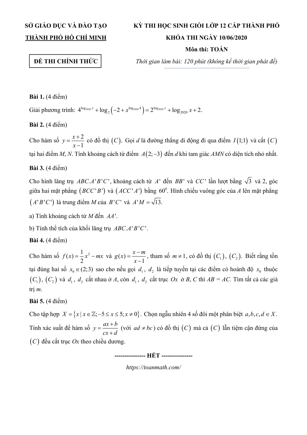 Xem trước trang 1 của "Đề thi Học sinh Giỏi Toán 12 - Năm học 2019-2020 - Sở GDĐT TP. Hồ Chí Minh"