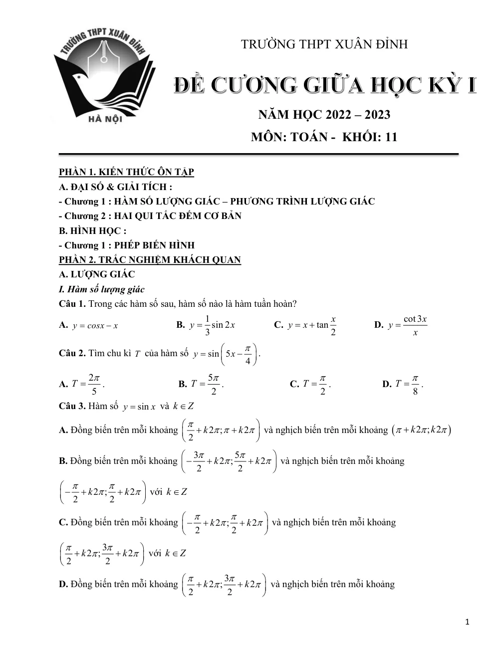 Xem trước trang 1 của "Đề cương giữa kỳ 1 Toán 11 - Trường THPT Xuân Đỉnh - Hà Nội (2022-2023)"