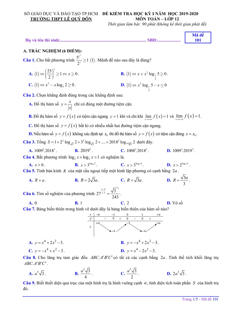 Xem trước trang 1 của "Đề Kiểm Tra Học Kỳ 1 Toán 12 - Năm học 2019-2020 - Trường THPT Lê Quý Đôn - TP. Hồ Chí Minh"
