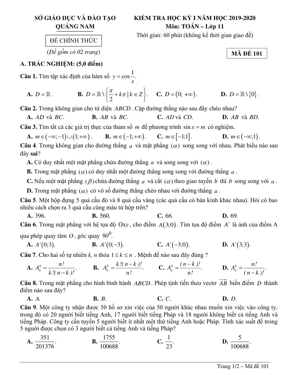 Xem trước trang 1 của "Đề thi HK1 Toán 11 - Năm học 2019-2020 - Quảng Nam"