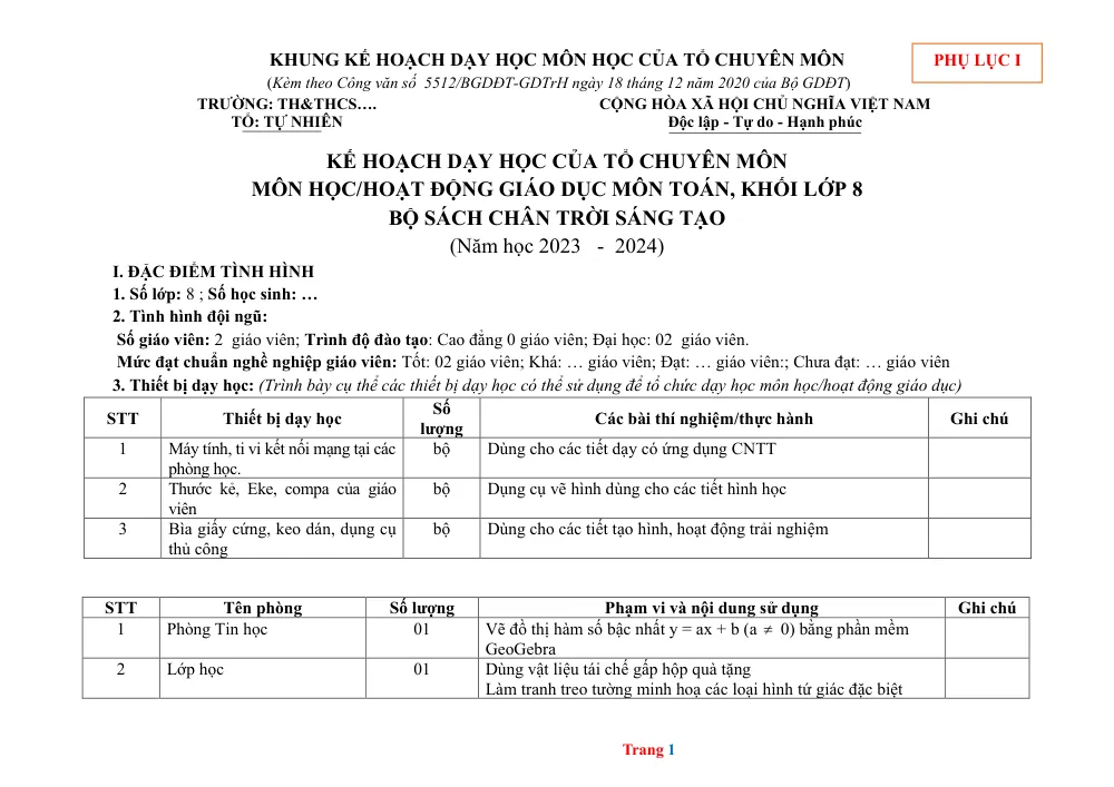 Xem trước trang 1 của "Phụ lục 1 - Toán 8 - CTST - Kế hoạch dạy học của tổ chuyên môn - Năm học 2023-2024"