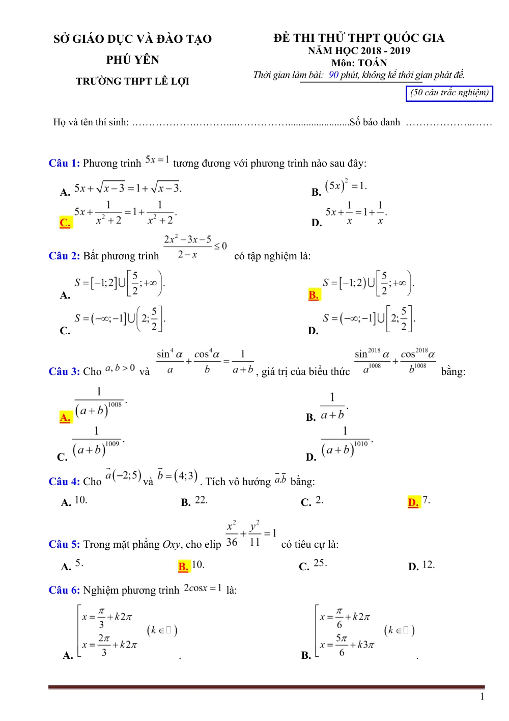 Xem trước trang 1 của "Đề Thi Thử THPT Quốc Gia 2019 - Môn Toán - Trường THPT Lê Lợi - Phú Yên"