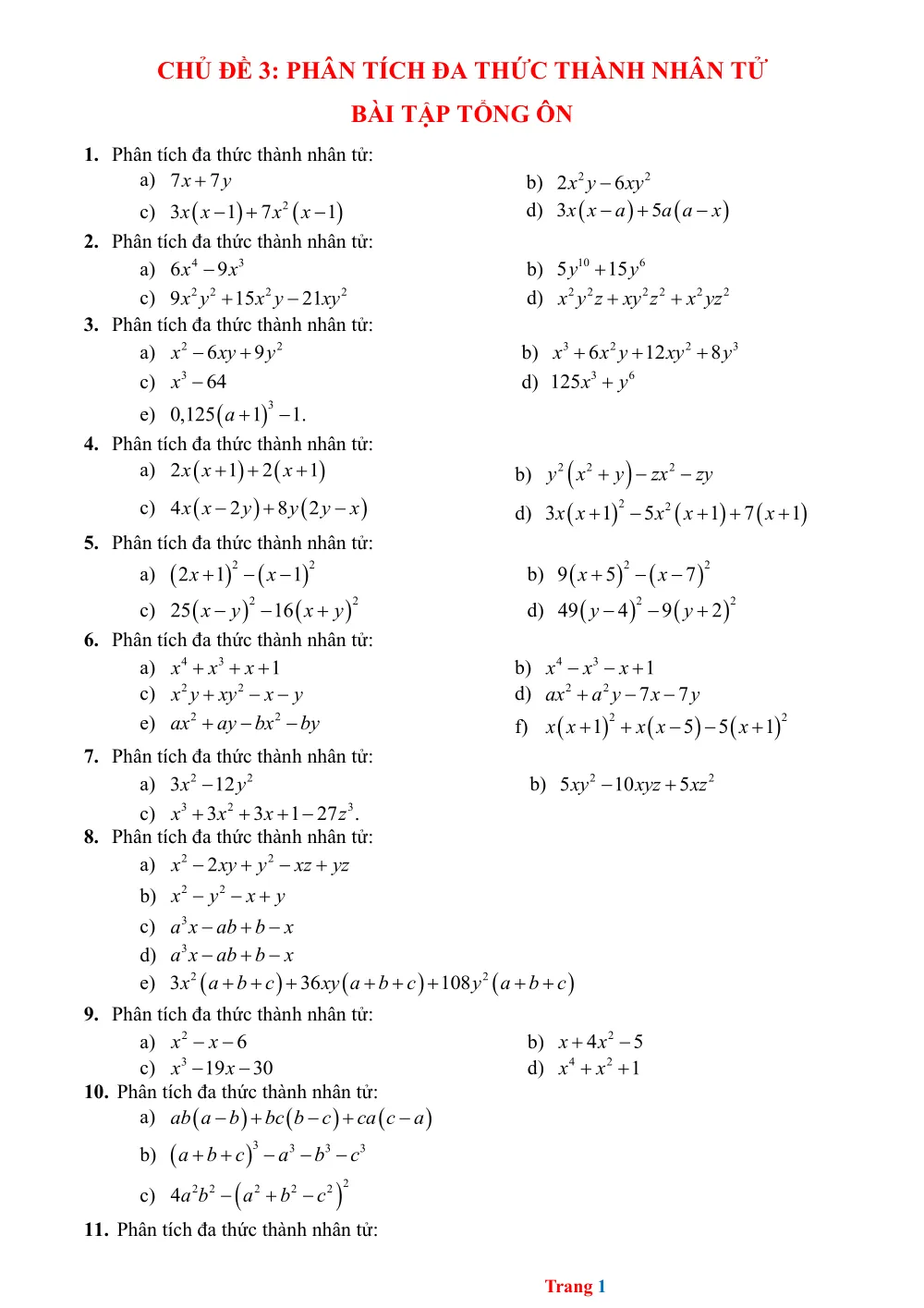 Xem trước trang 1 của "Chủ Đề 3: Ôn Tập Phân Tích Đa Thức Thành Nhân Tử - Toán 8"