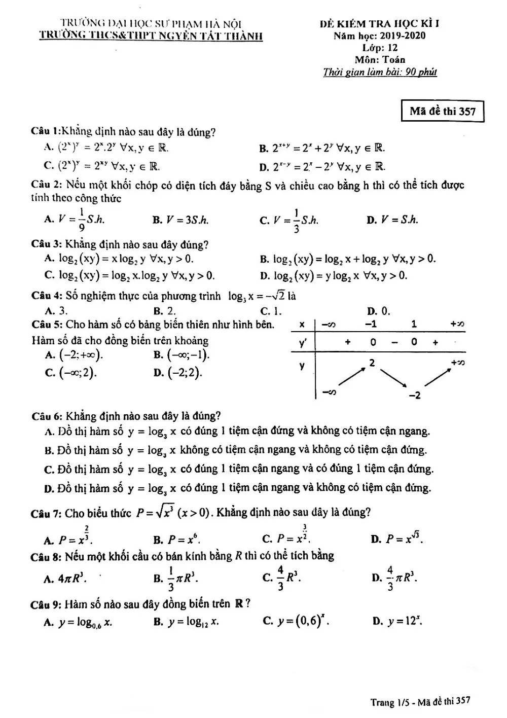 Xem trước trang 1 của "Đề Thi HK1 Toán 12 Năm Học 2019-2020 - Trường Nguyễn Tất Thành - Hà Nội"